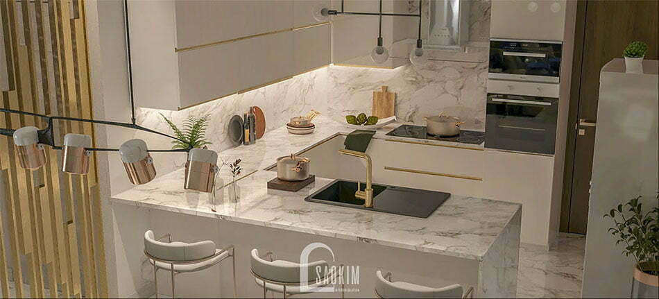 Không gian phòng bếp sạch sẽ, thoáng mát