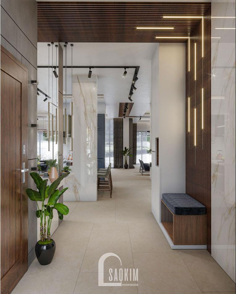 Khu vực tiền sảnh mới lạ độc đáo nhờ cách kết hợp giữa đèn sáng và vách nan gỗ cao cấp