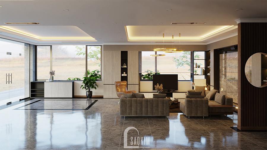Thiết kế phòng khách biệt thự nghỉ dưỡng tại Ba Vì tận dụng tối đa ánh sáng tự nhiên