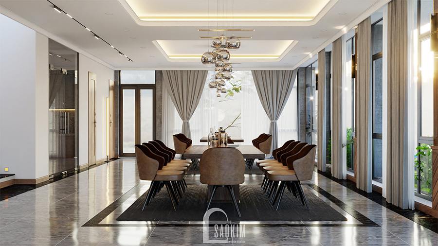 Đồ nội thất gam màu nâu từ gỗ và ghế bọc da làm cho không gian phòng ăn thêm phần ấm cúng