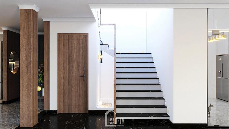 Cầu thang lên tầng hai của biệt thự