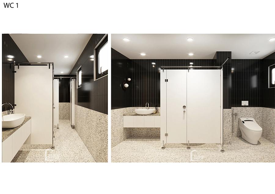Thiết kế wc1 biệt thự nghỉ dưỡng đẹp tại Ba Vì với gam màu trắng đen