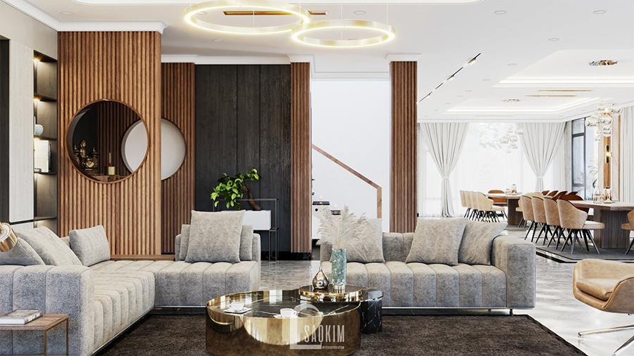 Thiết kế kiến trúc nội thất biệt thự nghỉ dưỡng lựa chọn không gian mở cho phòng khách và phòng ăn