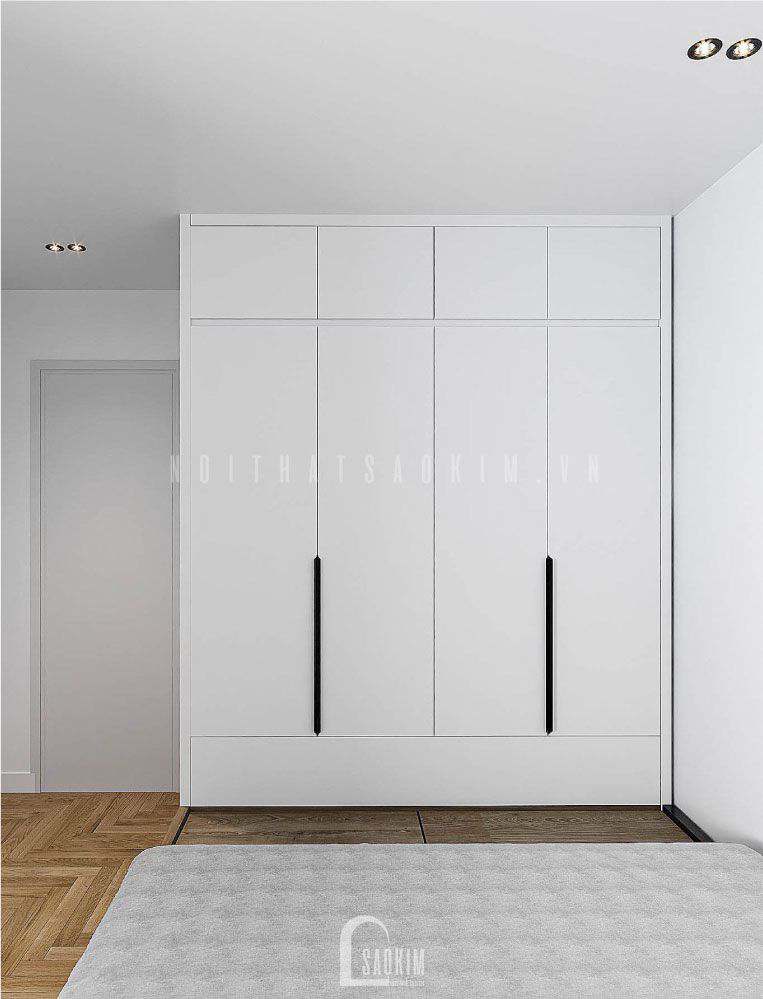 Một góc nhìn còn lại của căn phòng, thiết kế tủ quần áo đơn giản tinh tế màu trắng với 4 ngăn.