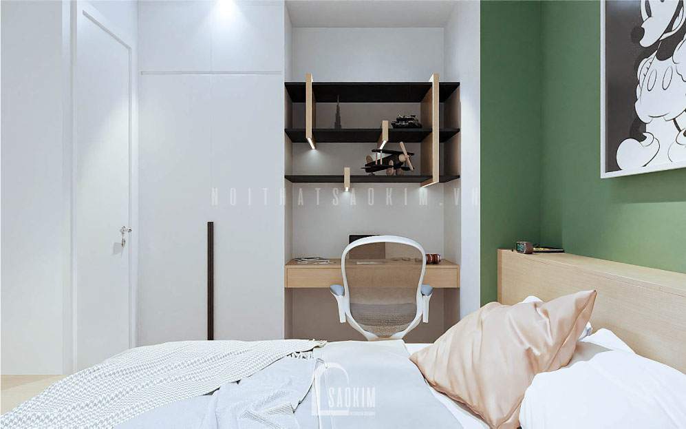 Góc học tập nhỏ gọn, tiện lợi lấy đồ dùng sách vở phía trên tủ