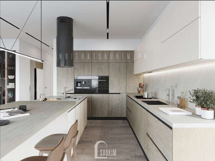 Không gian bếp nấu của gia đình trong thiết kế căn hộ chung cư cao cấp 150m2 hiện đại