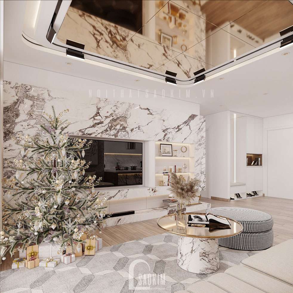 Thiết kế nội thất không gian phòng khách với gam màu nhẹ nhàng, trẻ trung