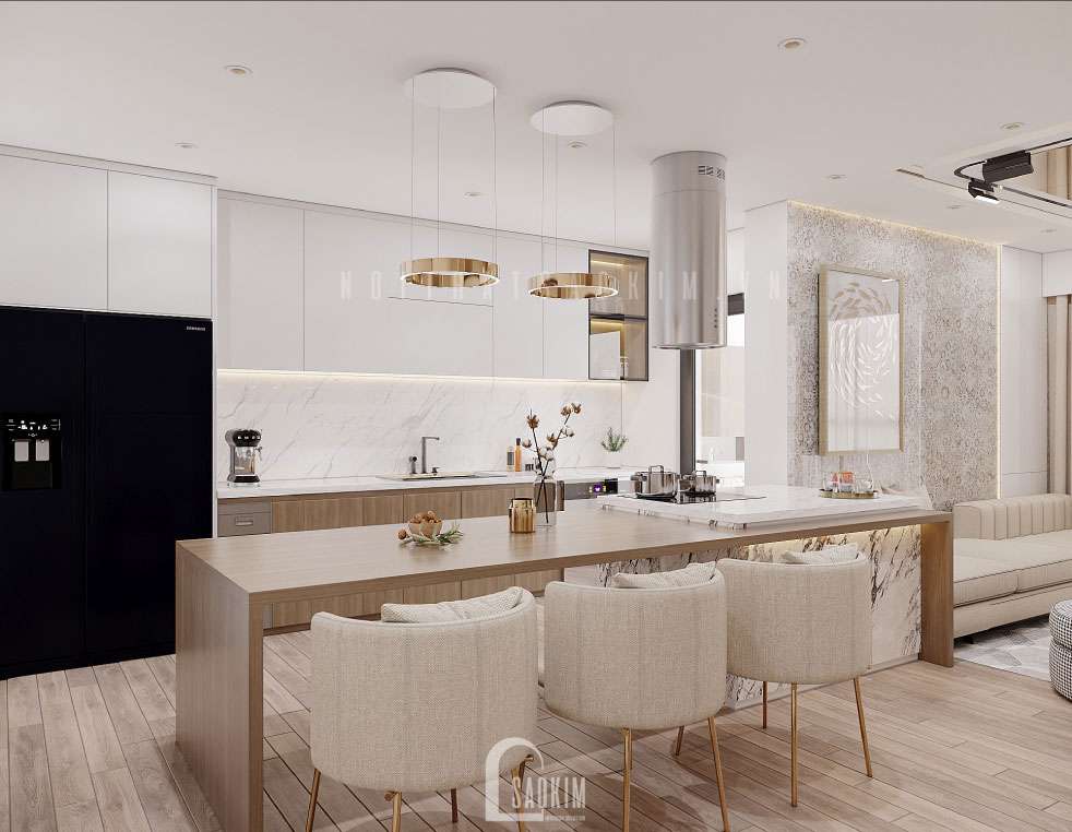 Không gian bếp ăn được bố trí ngay cạnh phòng khách