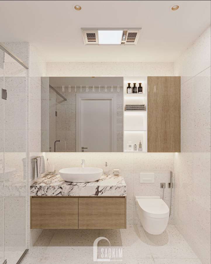 Sử dụng vật liệu đá cao cấp, bồn rửa mặt sáng sủa rộng rãi tạo cảm giác thoải mái khi vệ sinh cá nhân