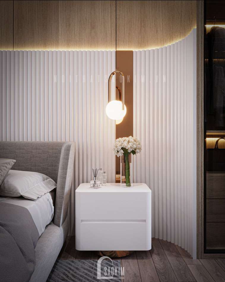 Kệ đầu giường với gam màu trắng phù hợp với phòng ngủ