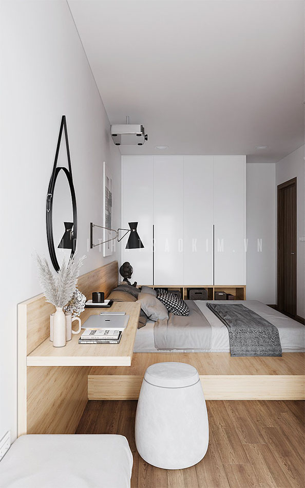 Phòng ngủ mang phong cách nội thất Japandi lựa chọn đồ nội thất hiện đại, tinh giản