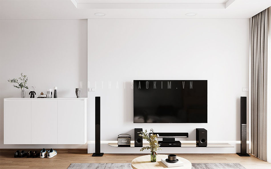 Thiết kế phòng khách chung cư 75m2 Le Grand Jardin Sài Đồng phong cách Japandi với gam màu trắng làm chủ đạo