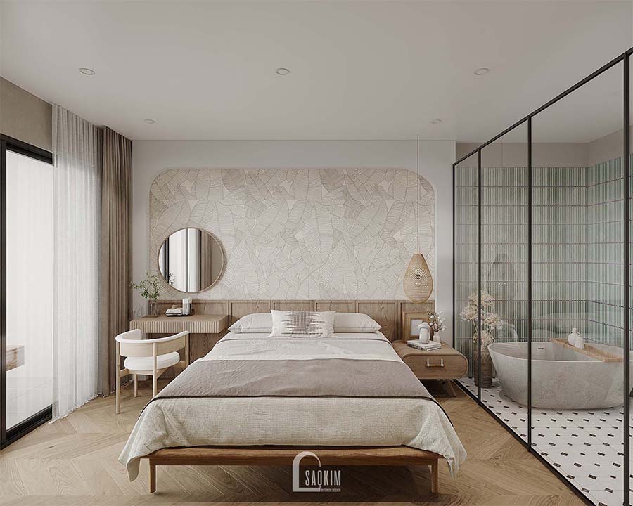 Thiết kế phòng ngủ master chung cư phong cách Wabi Sabi dự án Feliz Homes Hoàng Mai 120m2