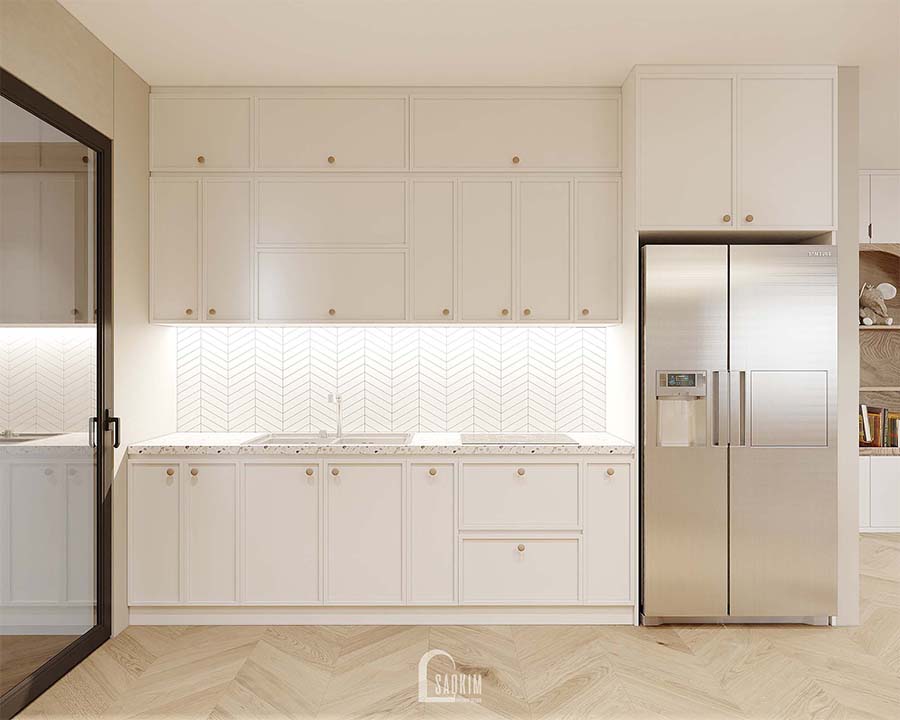 Thiết kế phòng bếp chung cư phong cách Wabi Sabi dự án Feliz Homes Hoàng Mai 120m2