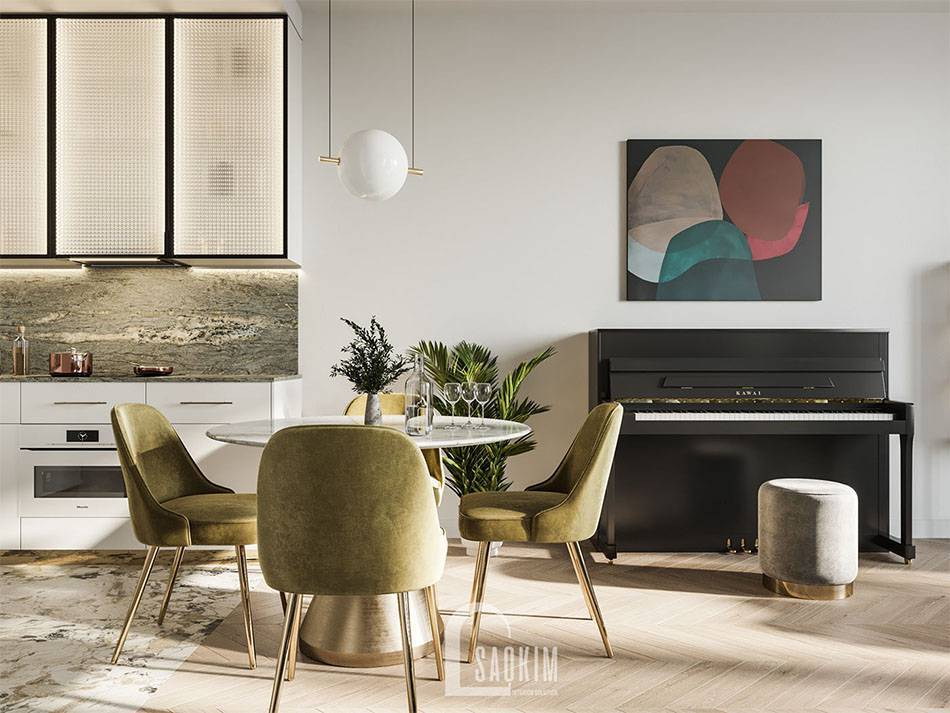 Không gian phòng ăn và bếp trong căn hộ 1 phòng ngủ đẹp 47m2 Vinhomes Symphony Riverside