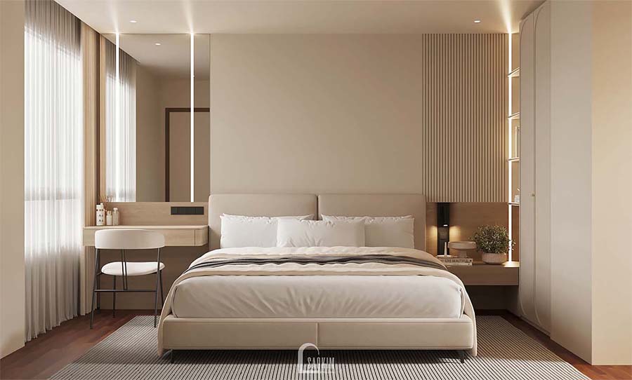 Thiết kế thi công phòng ngủ master căn hộ 3 ngủ vinhomes smart city phong cách Minimalist nhẹ nhàng, thư giãn nhưng không kém phần sang trọng