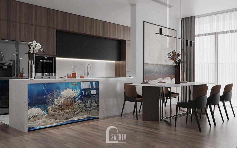 Thiết kế phòng ăn chung cư The Zen Gamuda ấm cúng nhờ sự kết hợp của gam màu trung tính như nâu, đen