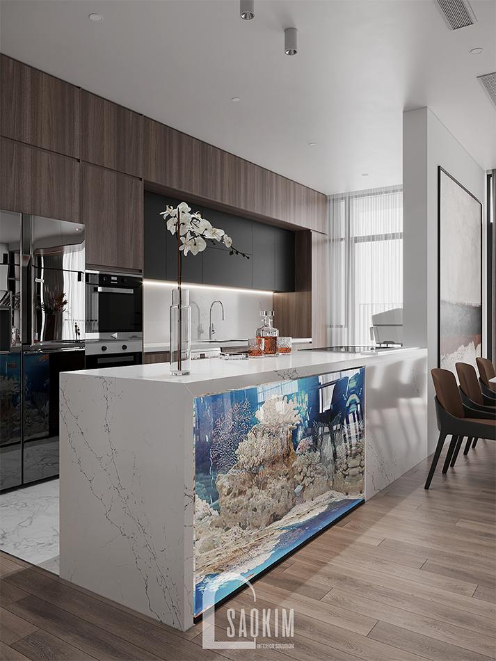 Thiết kế phòng bếp xanh mát với bể cá thủy sinh được bố trí kết hợp cùng bản đảo bếp
