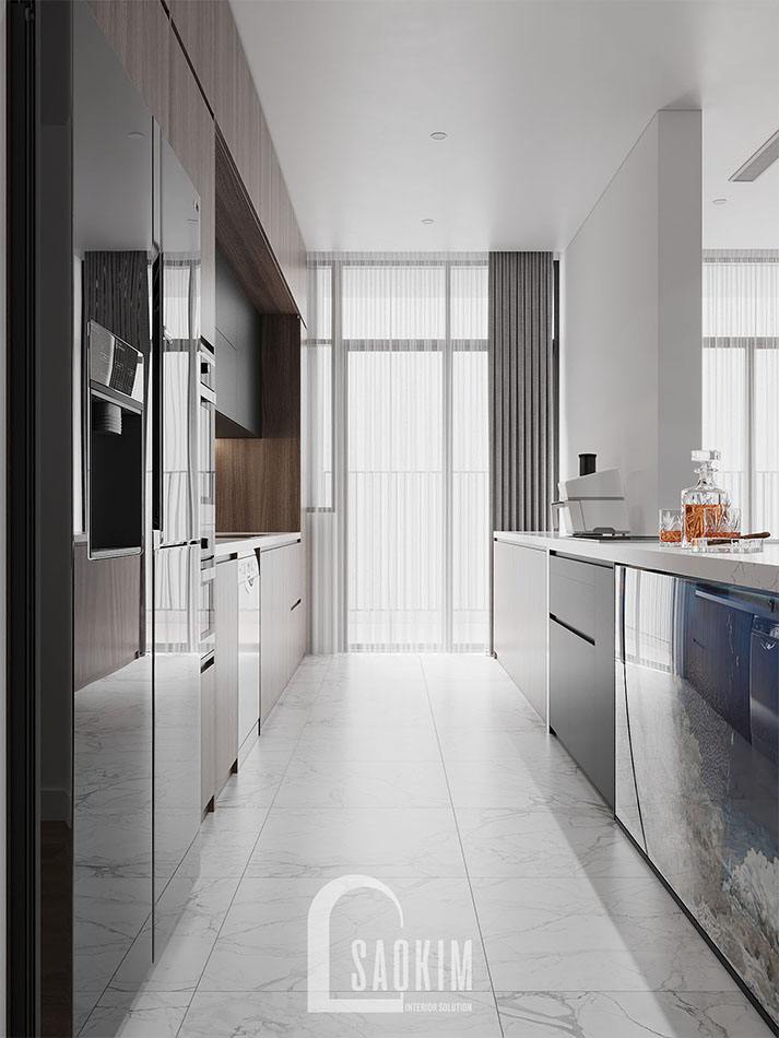 Thiết kế phòng bếp hiện đại với chất liệu gỗ MDF lõi xanh chống ẩm của An Cường