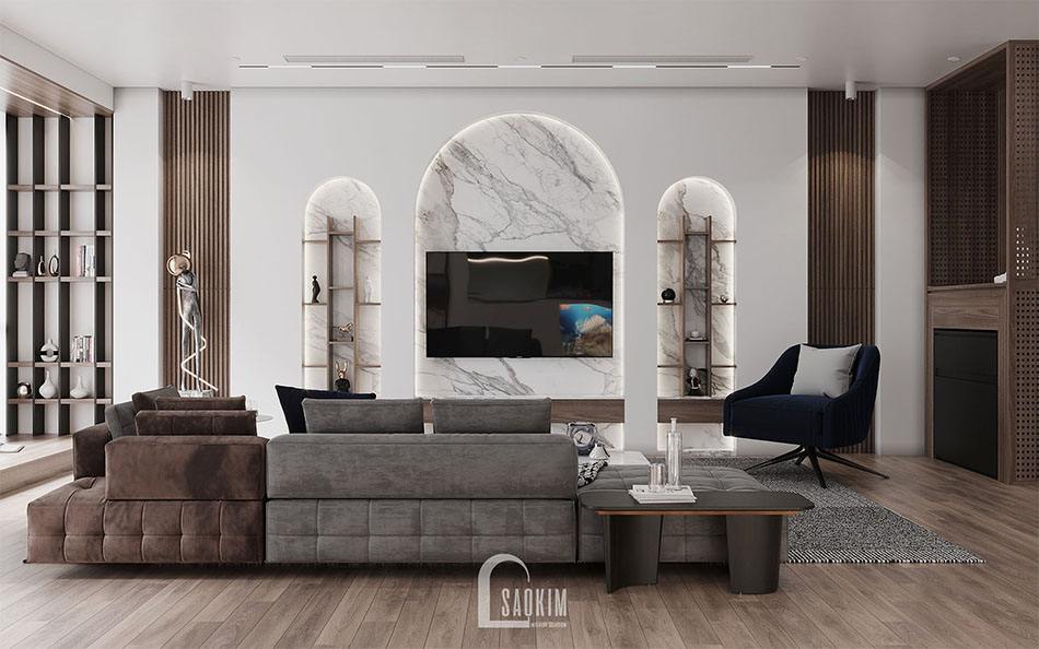 Thiết kế nội thất phòng khách chung cư The Zen Gamuda với phần vách tường cong đầy sang trọng, quyến rũ