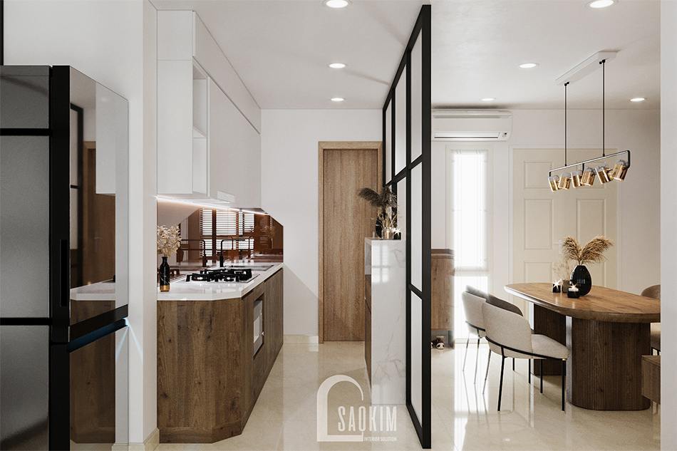 Vách ngăn kính sử dụng ngăn giữa bếp và phòng ăn