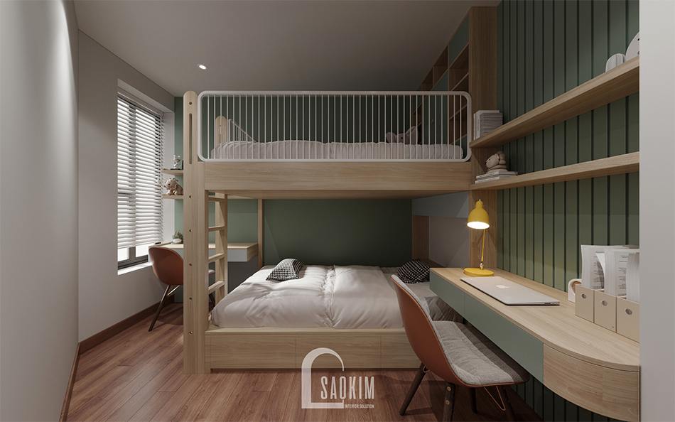 Thiết kế phòng ngủ chung cư cho bé với gam màu xanh pastel và hệ giường tầng