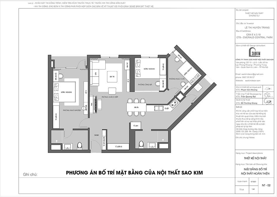 Bản bố trí mặt bằng thiết kế chung cư 110m2 Emerald Center Park Mỹ Đình của kiến trúc sư Nội thất Sao Kim