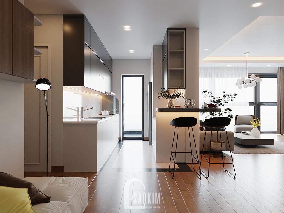 Bếp tuy nhỏ hẹp nhưng dưới sự sắp xếp của kiến trúc sư căn bếp vẫn đảm bảo sự thông thoáng cũng như yêu cầu sử dụng