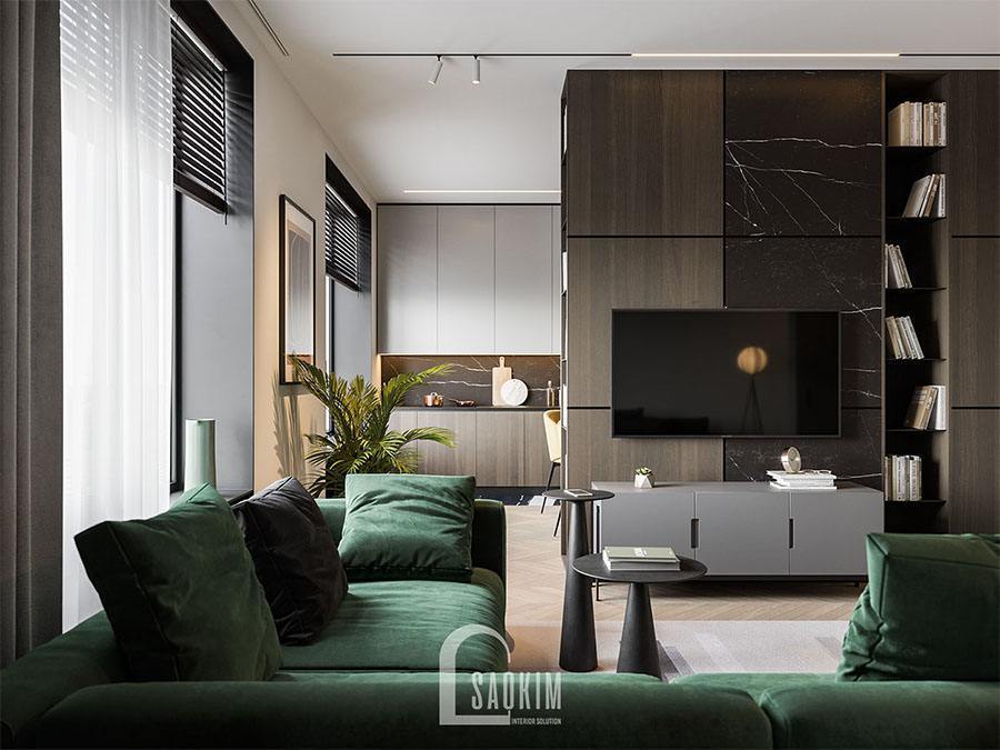 Mẫu thiết kế nội thất phòng khách chung cư 2 phòng ngủ 113m2 Yên Hoà Sunshine