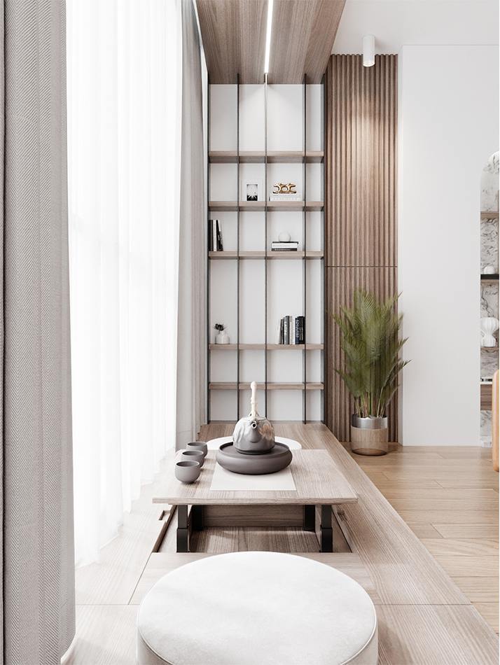Không gian trà đạo nhỏ trong thiết kế nhà chung cư 3 phòng ngủ The Zen Gamuda