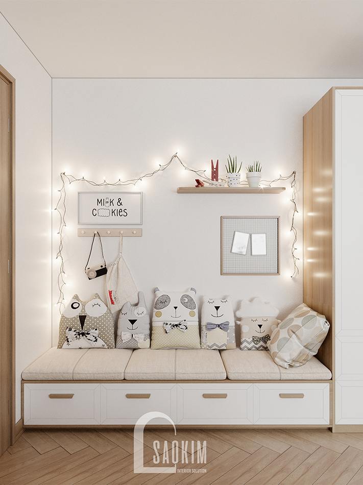 Thiết kế khu vực vui chơi cho bé trong phòng ngủ chung cư 90m2 bàn giao thô dự án Thiên Niên Kỷ (TSQ)