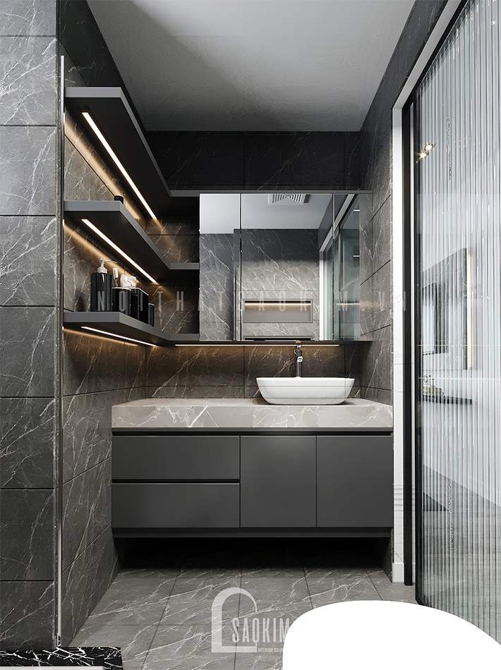 Thiết kế phòng tắm chung cư 97m2 Le Grand Jarrdin kết hợp tông màu đen - trắng đẹp ngỡ ngàng