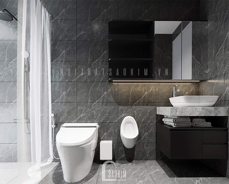 Thiết kế phòng tắm chung cư 97m2 Le Grand Jarrdin kết hợp tông màu đen - trắng đẹp ngỡ ngàng