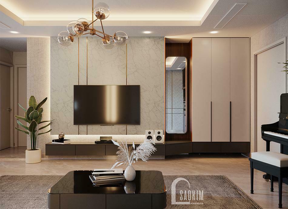 Thiết kế phòng khách chung cư hiện đại Golden Park 96m2