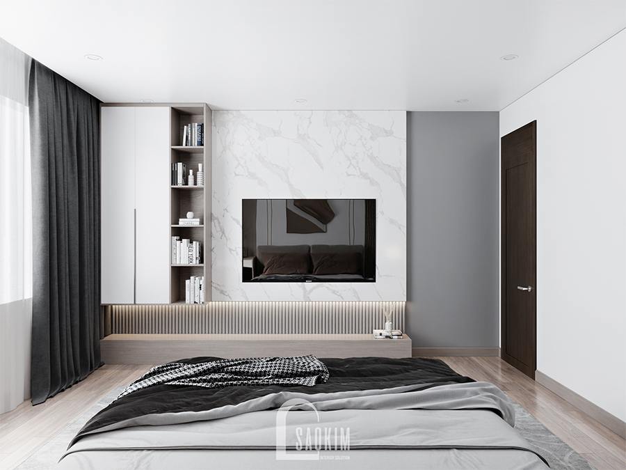 Thiết kế phòng ngủ master chung cư phong cách hiện đại chú trọng đến công năng nội thất, màu sắc