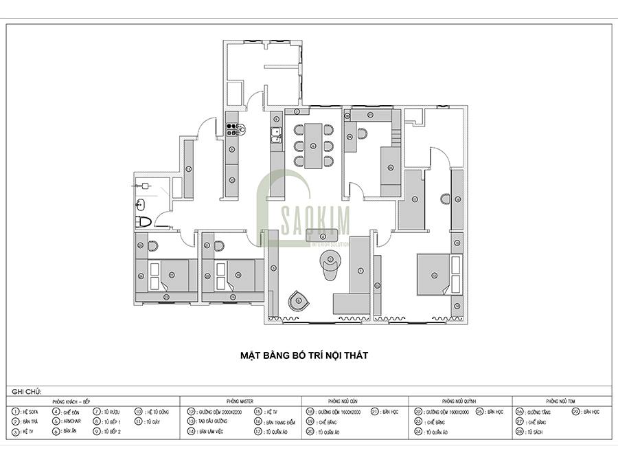 Mặt bằng bố trí thiết kế nội thất chung cư 4 phòng ngủ theo phong cách hiện đại Huyndai Hillstate - 172m2