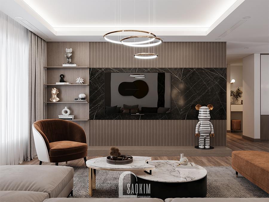 Thiết kế nội thất phòng khách chung cư 4 phòng ngủ phong cách hiện đại Huyndai Hillstate kết hợp gam màu trắng, nâu, xám