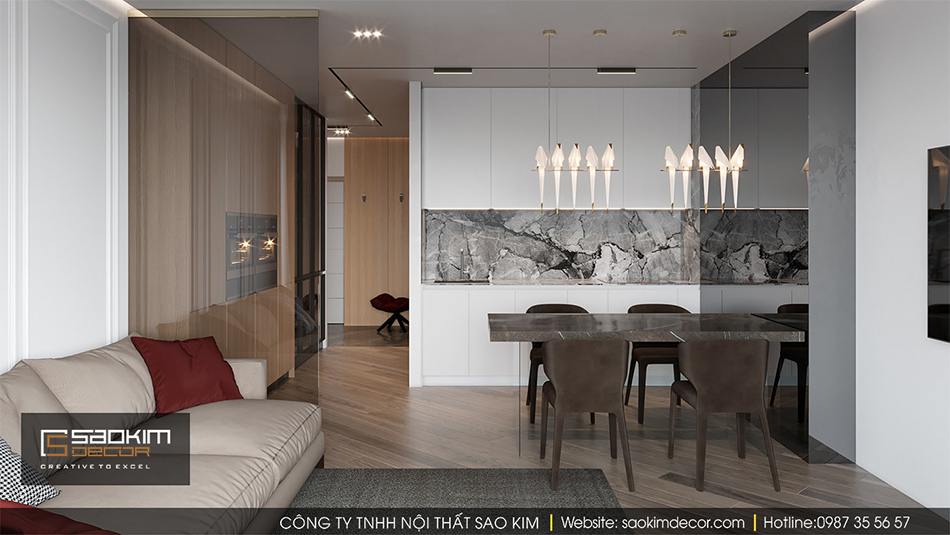 Không gian thiết kế nội thất mở giữa phòng khách và bếp được lựa chọn