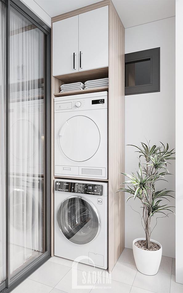 Hệ tủ bố trí ngoài logia để đặt máy giặt, máy sấy và khăn tắm cùng tủ kho cất đồ