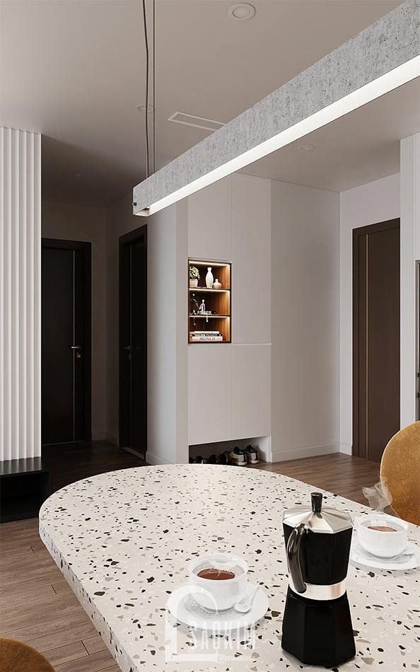 Gần cửa ra vào bố trí tủ giày kịch trần gam màu trắng