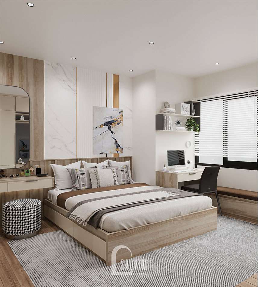 Thiết kế nội thất phòng ngủ master chung cư sử dụng đá vân mây ốp tường phòng ngủ