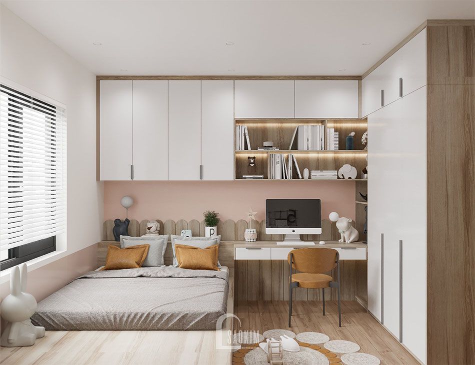 Thiết kế nội thất phòng ngủ bé gái chung cư Packexim Tây Hồ với gam màu hồng làm điểm nhấn