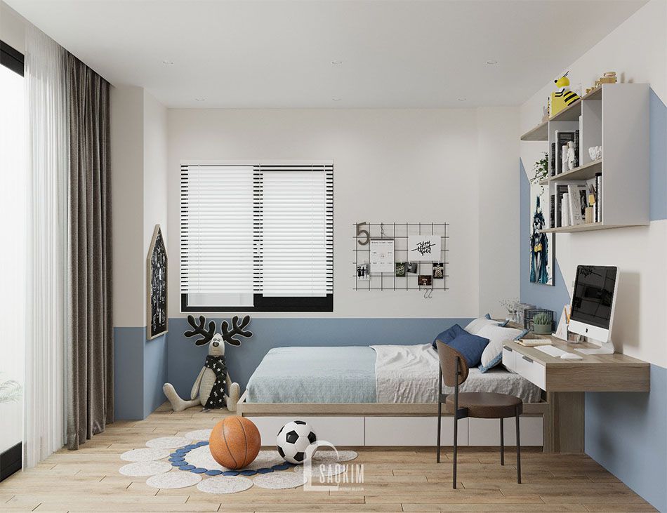 Thiết kế nội thất phòng ngủ bé trai chung cư Packexim Tây Hồ luôn ngăn lắp, gọn gàng