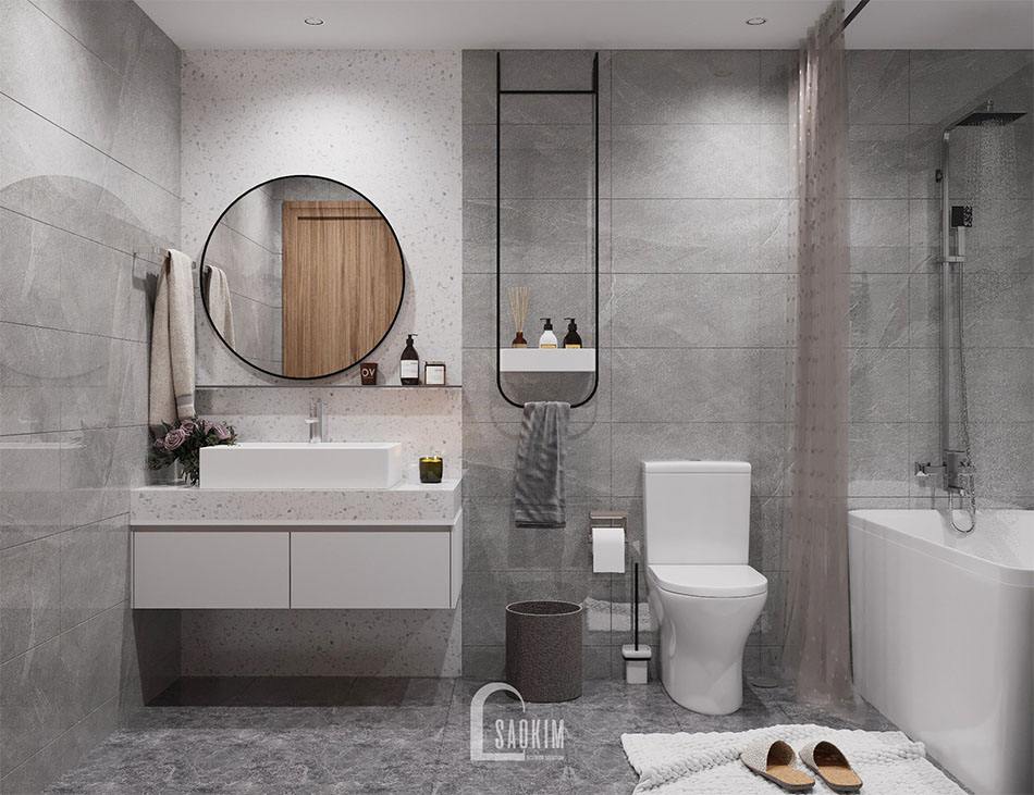 Không gian phòng tắm sử dụng đá ốp màu xám