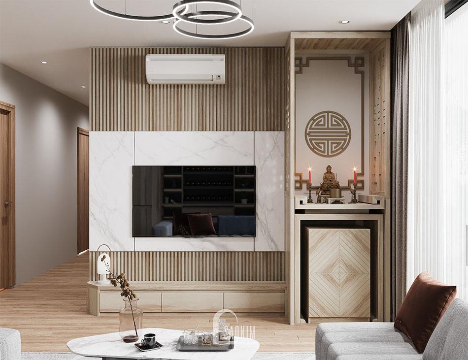 Đá ốp được sử dụng tạo điểm nhấn cho vách tivi