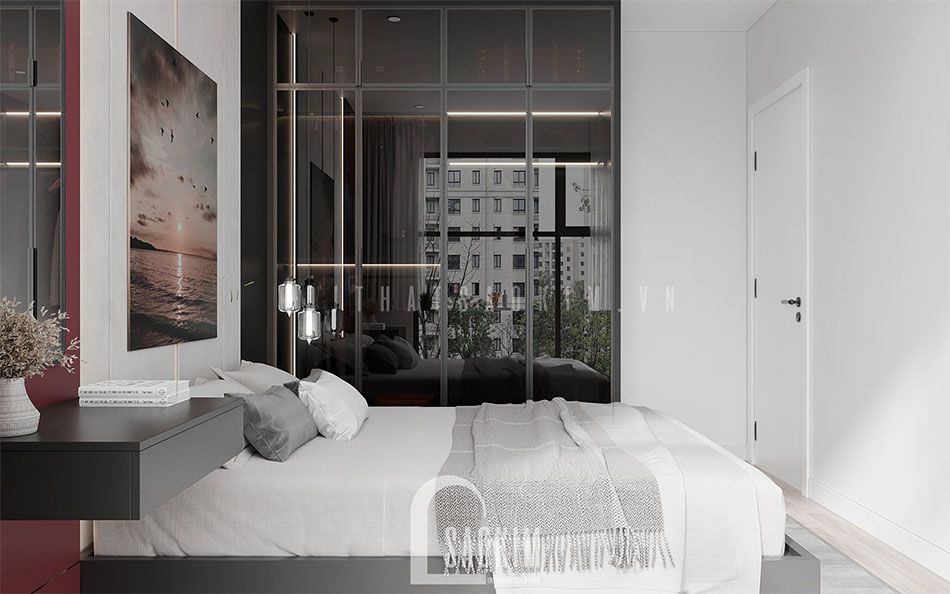 Thiết kế nội thất phòng ngủ master lựa chọn tủ quần áo cánh kính đen trong suốt