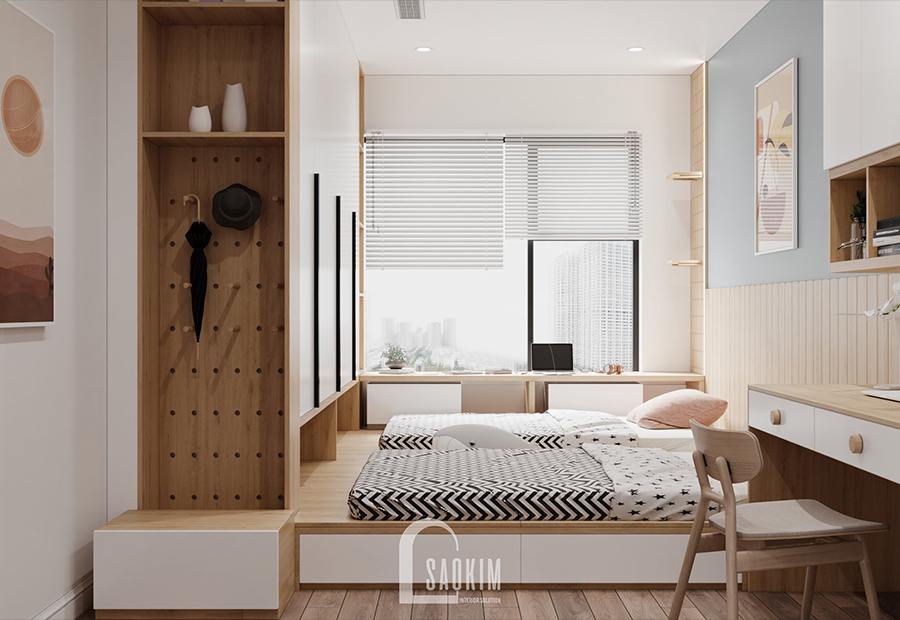Thiết kế nội thất phòng ngủ chung cư cho bé - Moon Tower Tây Hồ Residence lựa chọn gam màu xanh pastel làm điểm nhấn