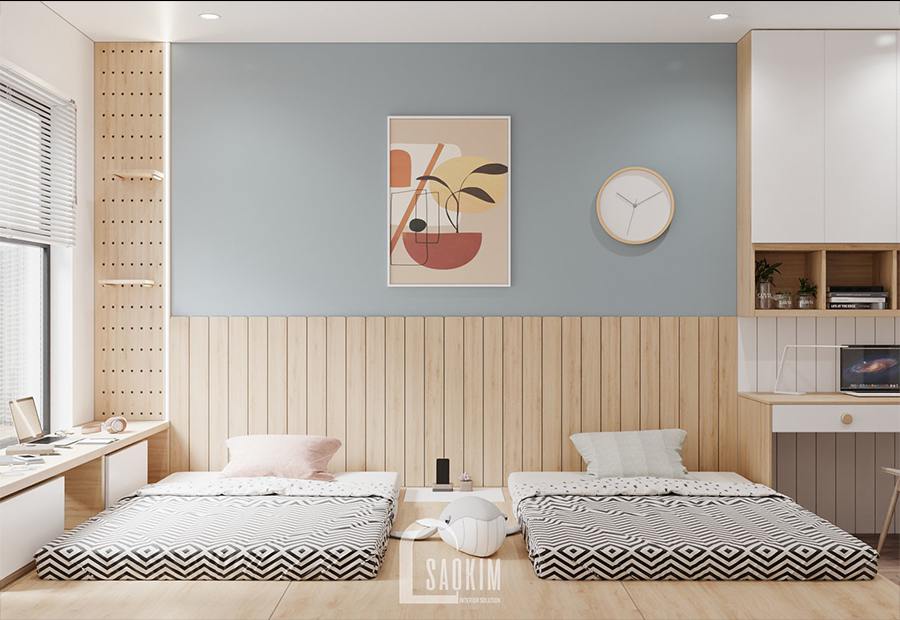 Thiết kế nội thất phòng ngủ chung cư cho hai bé - Moon Tower Tây Hồ Residence với giường đôi cho 2 bé