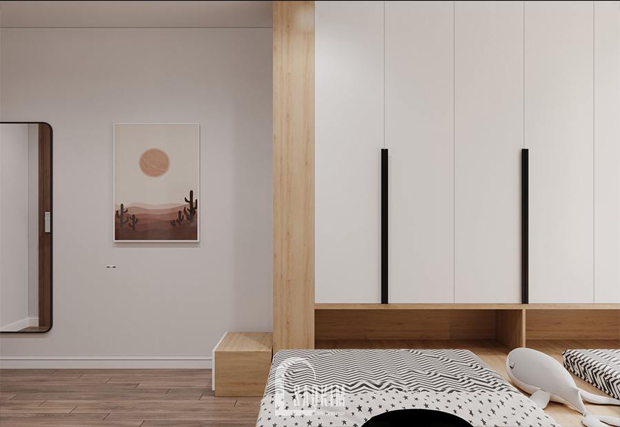 Thiết kế nội thất phòng ngủ chung cư cho bé - Moon Tower Tây Hồ Residence với hệ tủ liền giường