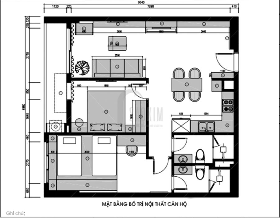 Mặt bằng bố trí nội thất chung cư 85m2 2 phòng ngủ Moon Tower Tây Hồ Residence
